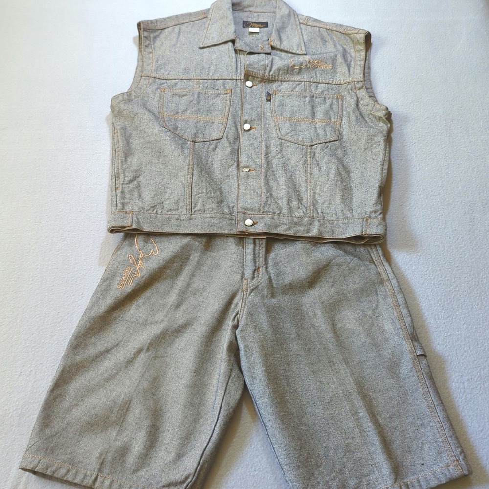 Brooklyn Xpress Mens Denim Vest & Shorts Set 34L Grey Cotton Hip Hop Street Wear
